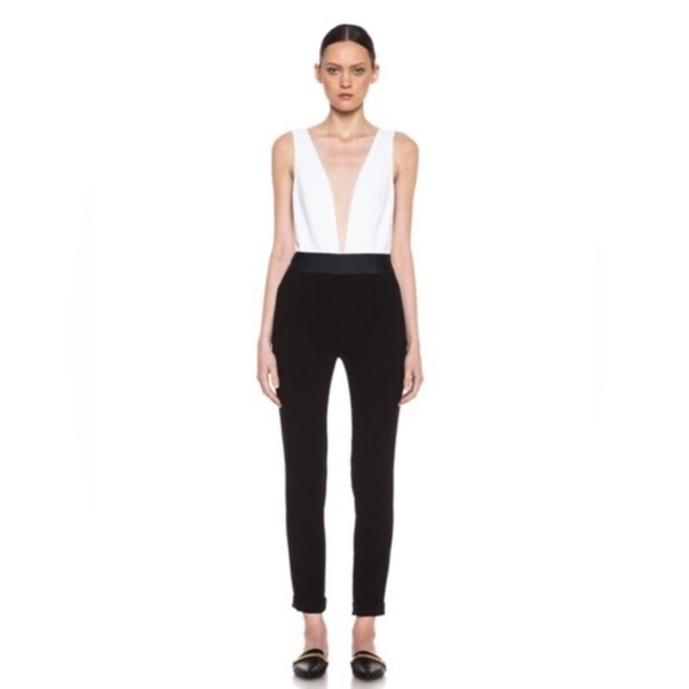 Jenni Kayne Tuxedo Cotton & Silk Jumpsuit Double V White Black Size 4